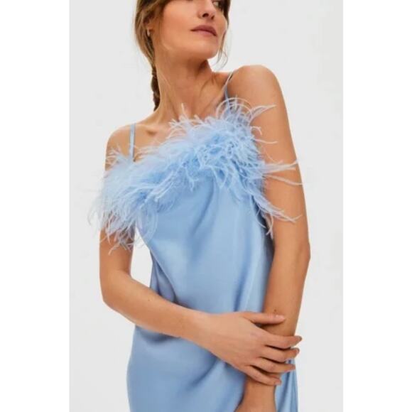 NEW Sleeper Boheme Feather Slip Dress Blue Satin Midi Size M Ostrich Versatile - Picture 4 of 11